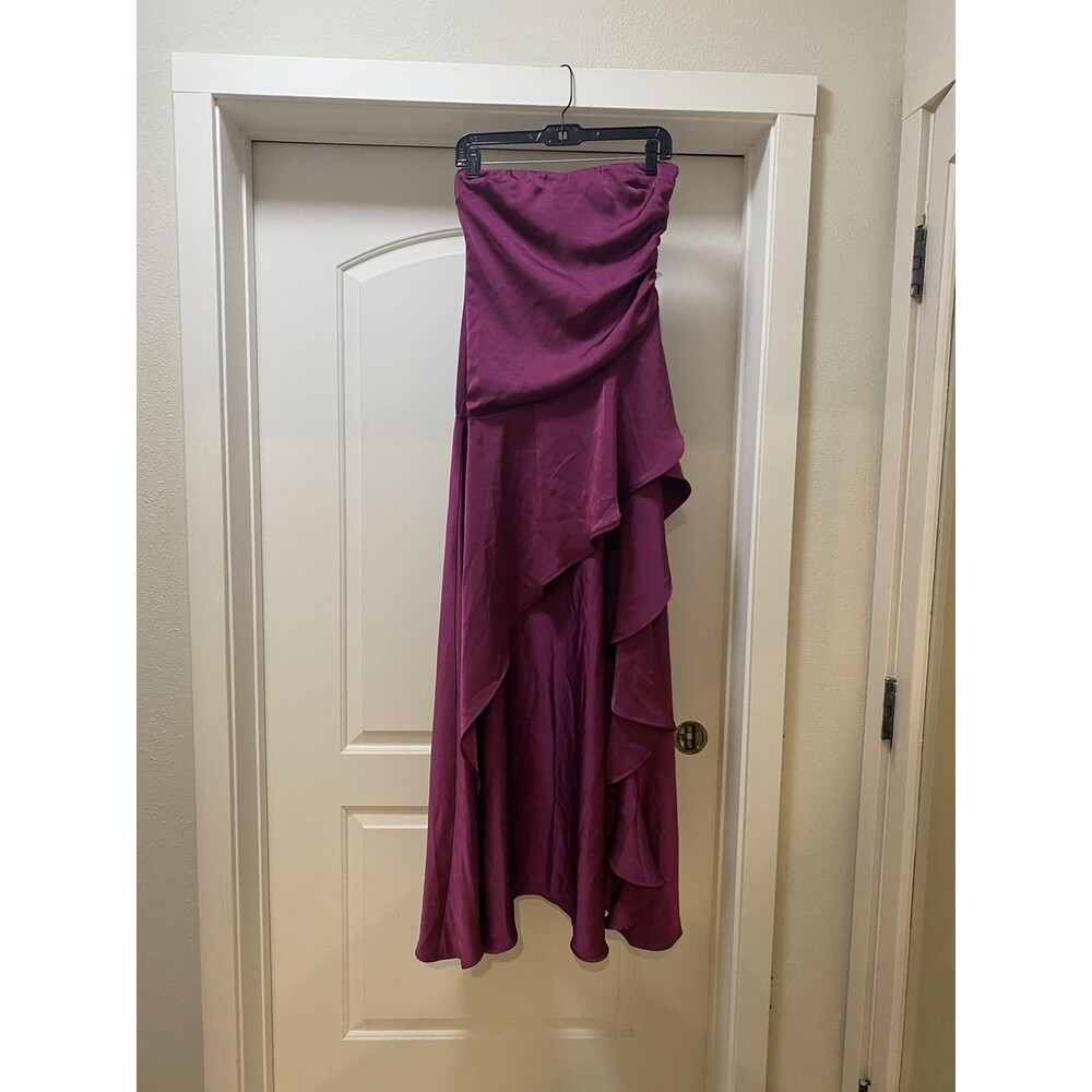 Lucy In The Sky Satin High Low Maxi Dress Womens Medium Purple Strapless Gown - Picture 2 of 4